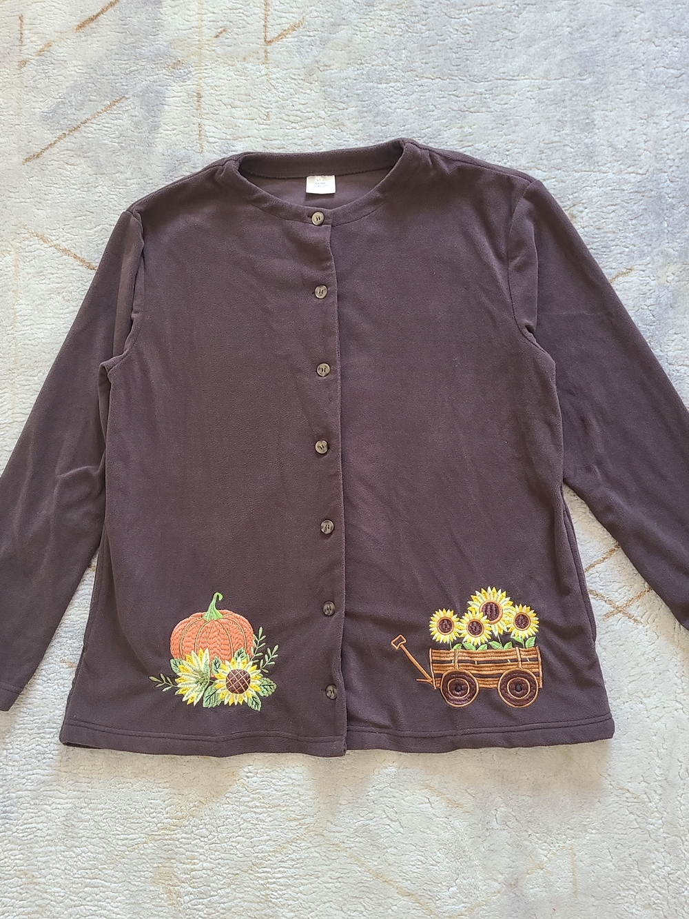 Fall Pumpkin Embroidered Fleece Cardigan Women's M Pumpkin Patch Brown